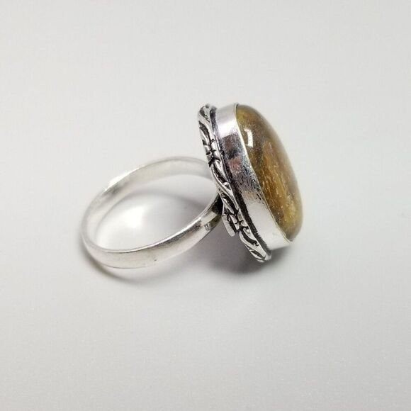 Vintage Tigers Eye Ring, Oval Shape Cabochon Silver Tone Bezel Set, Size 7 Band - Picture 4 of 7